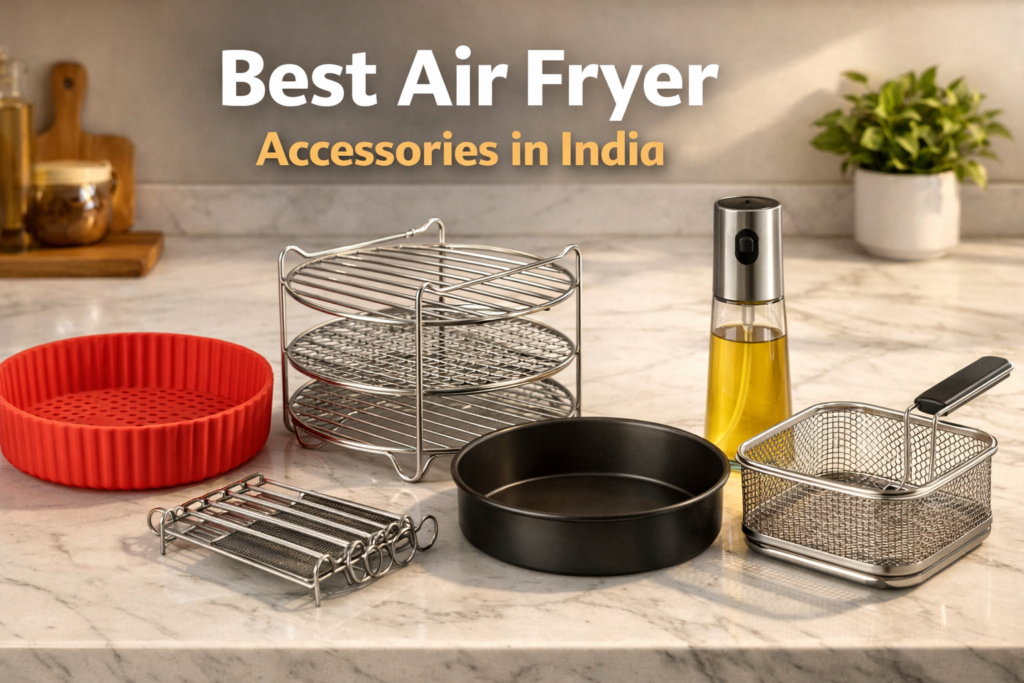 Best Air Fryer Accessories in India (2026) – Must-Have Add-Ons for Better Cooking 1 best air fryer accessories in India silicone liner rack skewers baking pan